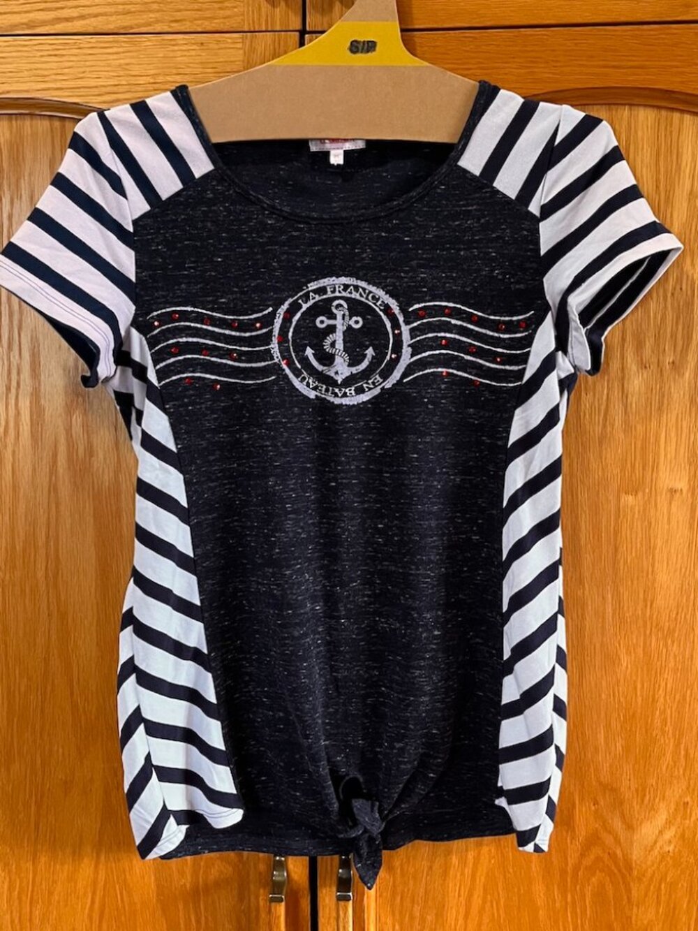 Striped Short Sleeve Anchor Tie-Front Tee - Navy & White